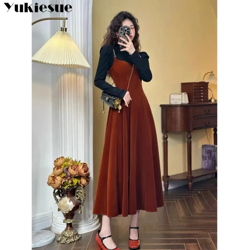 Retro Elegant Dress Slim Midi Solid Spaghetti Strap 2023 New Autumn Winter Dress Elegant Dress for Women Sleeveless French Style