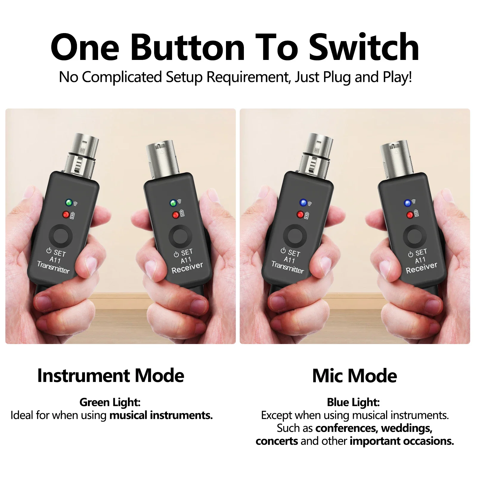 2.4GHz Wireless Microphone System Plug-on XLR Mic Adapter Wireless Transmitter and Receiver 5Hrs Battery Life Microphone Part