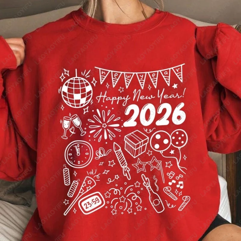 

Happy New Year 2026 Sweatshirt Minimalist Doodle Streetwear Retro Crewneck Hoody Festive NYE Eve Party Disco Ball Adult Pullover