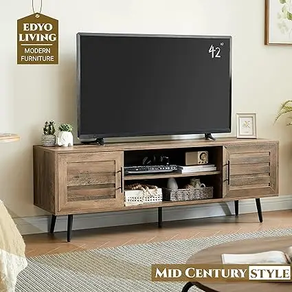 65 "กลางศตวรรษที่ทันสมัยขาตั้งทีวีไม้พร้อมตู้เก็บของและชั้นวางเปิดสำหรับโทรทัศน์ถึง65" ศูนย์รวมความบันเทิง