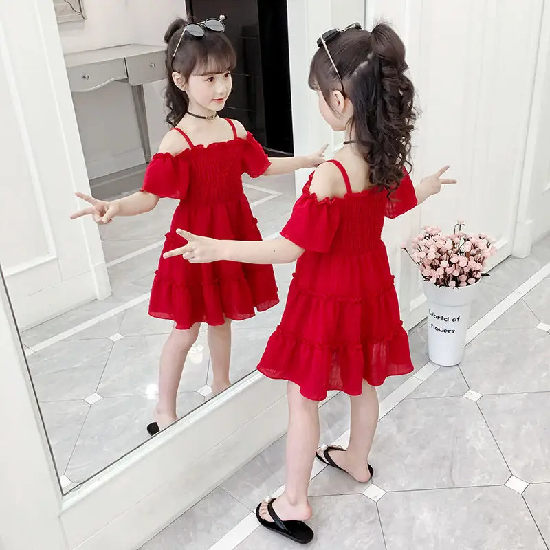 2026 new summer Kids baby Girls Tulle clothes Off Shoulder sleeveless Cute Dresses Children chiffon 3 4 5 6 7 8 9 10 11 12 years