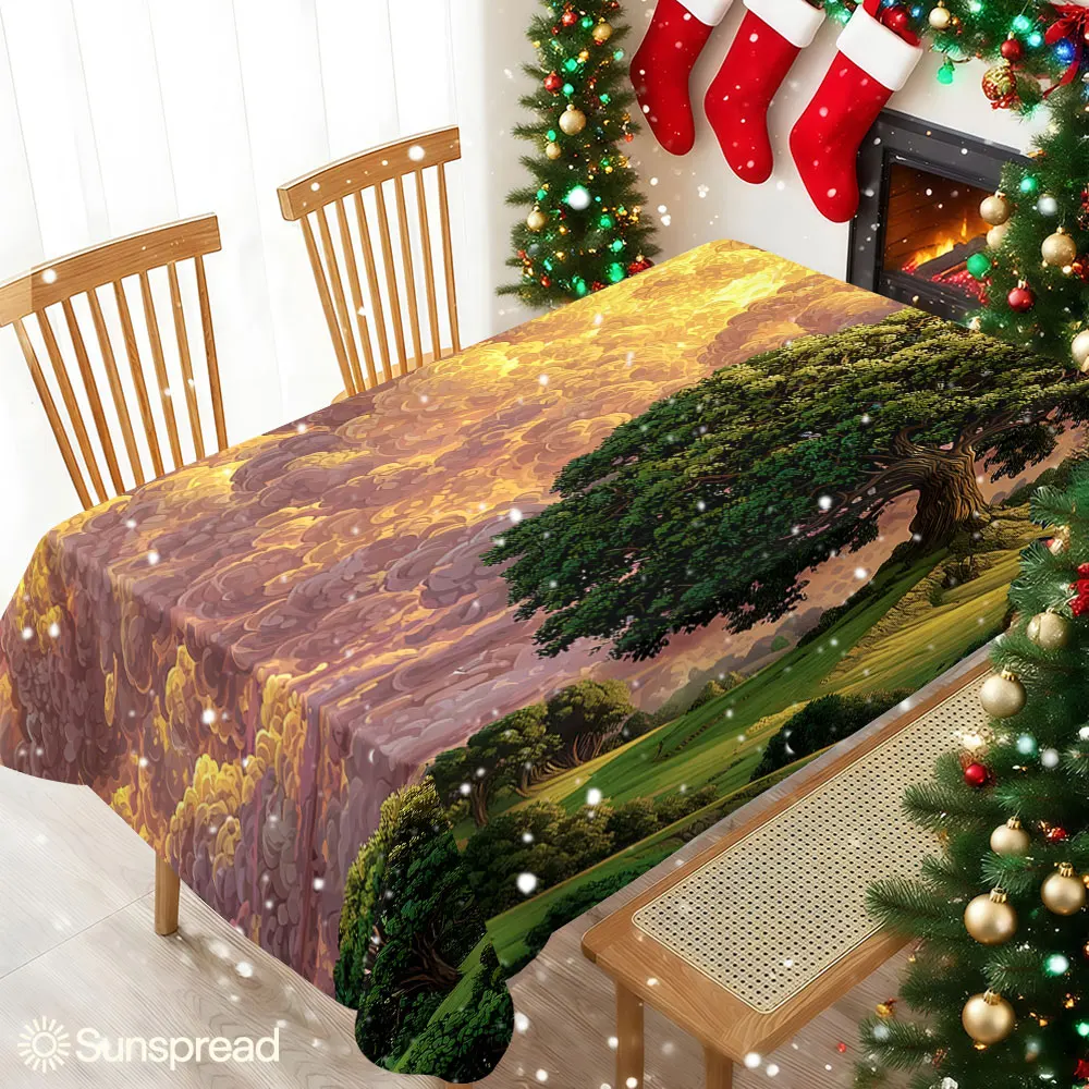 Giant Tree Golden Clouds Table Cloth Waterproof Tablecloth Spill Proof Table Cloth, Wipe Clean Table Cloth for Dining Camping
