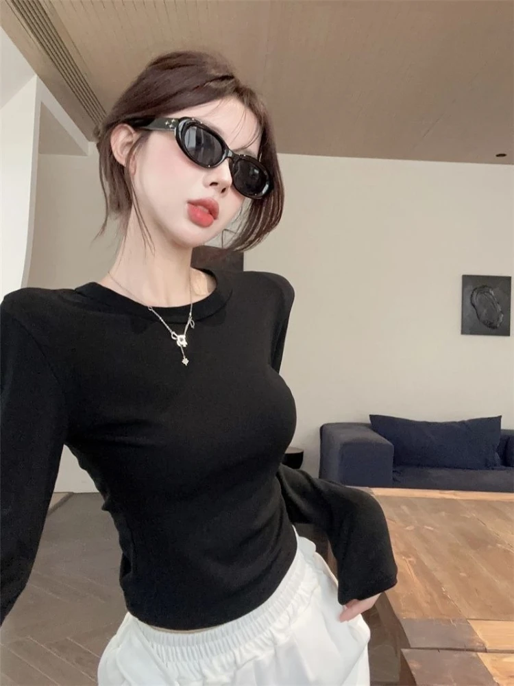 Design Sense Hollow Back Long Sleeve T Shirt Women Autumn Slim Waist Crop Top Ins