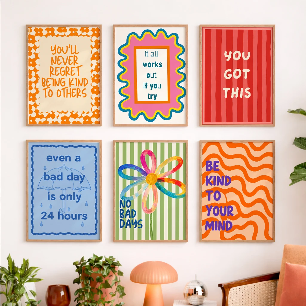 Set of 6 Motivational Quote Canvas Poster Kindness Try Encouragement Umbrella Flower Wavy Stripe Colorful Bright Wall Art