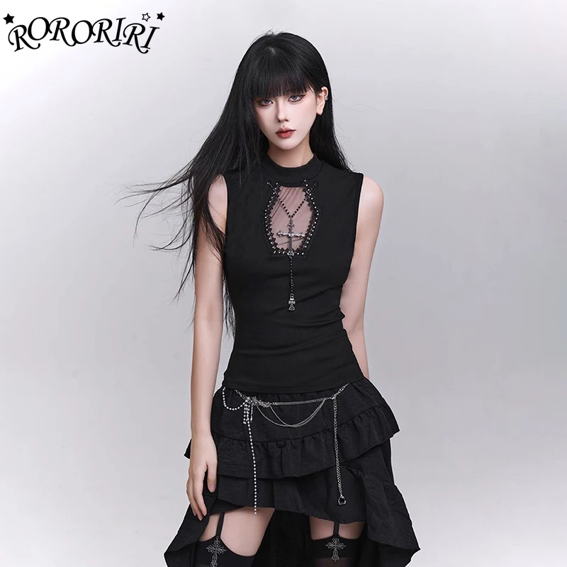 

RORORIRI темная готическая майка с перекрестной цепочкой женская серая прозрачная сетчатая эластичная тонкая пуловер без рукавов в стиле панк винтажная уличная одежда