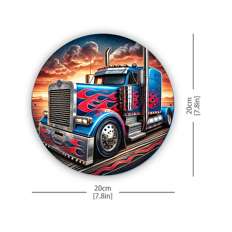 1pc 2D Round Metal Tin Sign, Blue Flame Semi Truck Sunset Plaque, Highway Art Wall Decor for Garage Workshop Truck Lover Home Or