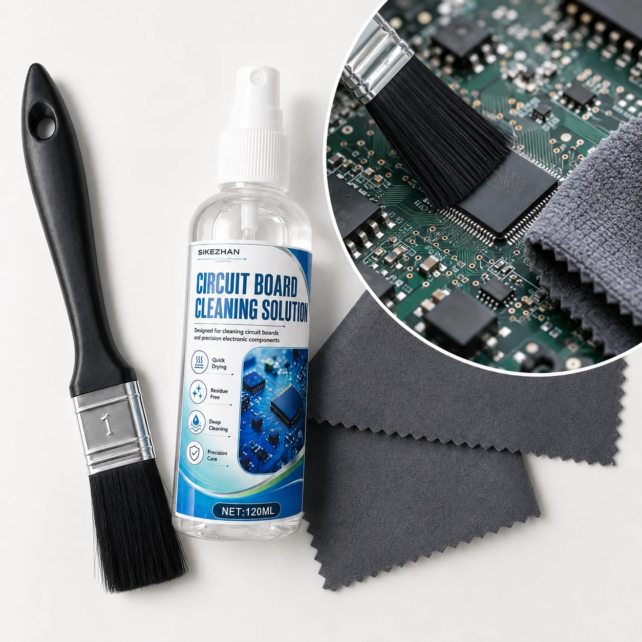 PCB Circuit Board Cleaning Spray 120ml with Detail Brush and Cloth for Computer Motherboard Electronics Care and Maintenance