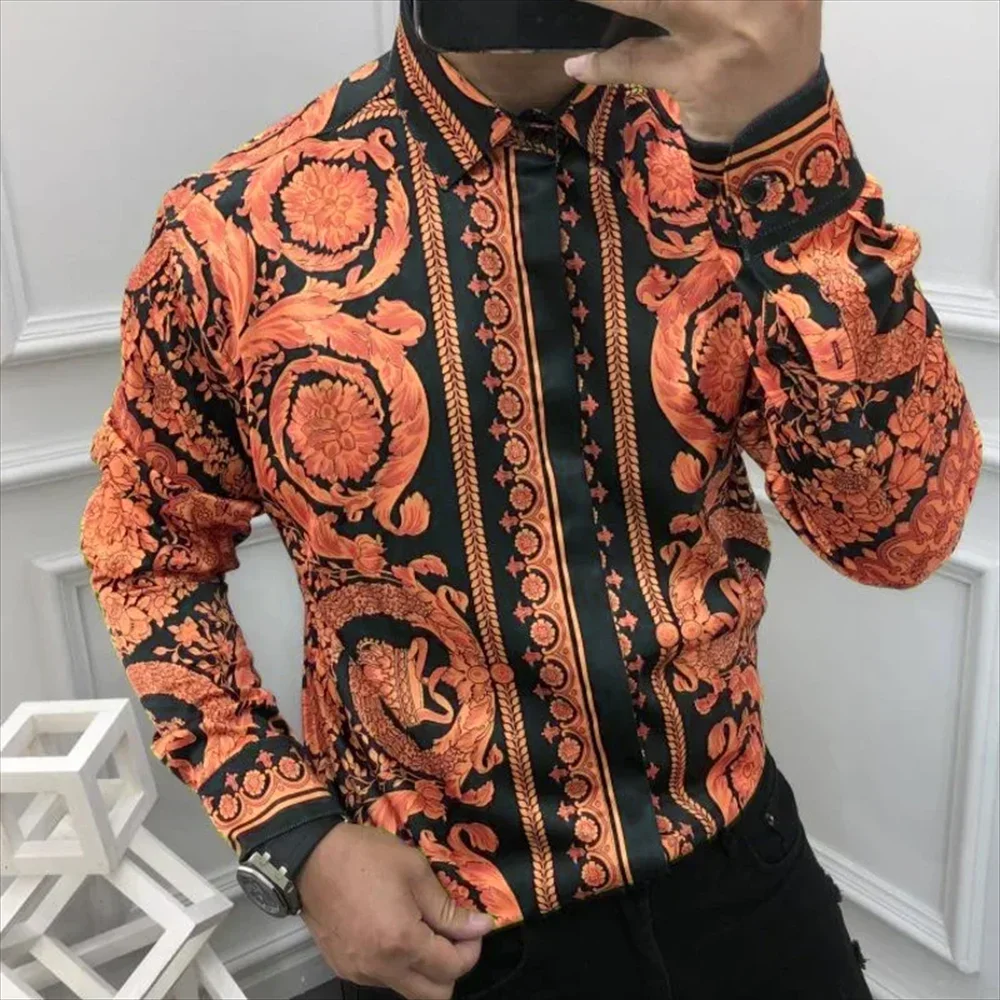 Hot selling 2024 new men's long sleeved shirt top with social 3D printing, fashionable luxury floral casual street wear, plus si