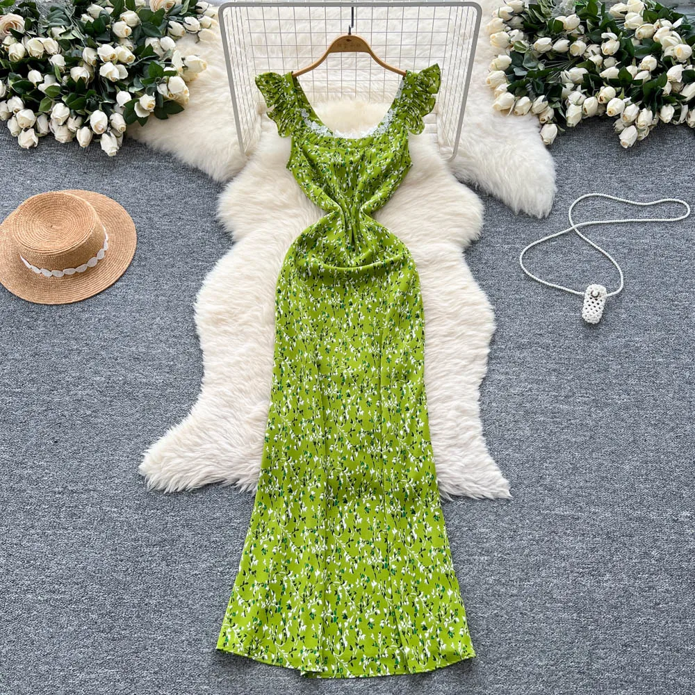 

Women's Green Floral Print Dresses French Temperament Square Collar Sleeveless Dress Summer Retro Lace Splicing Long Dress