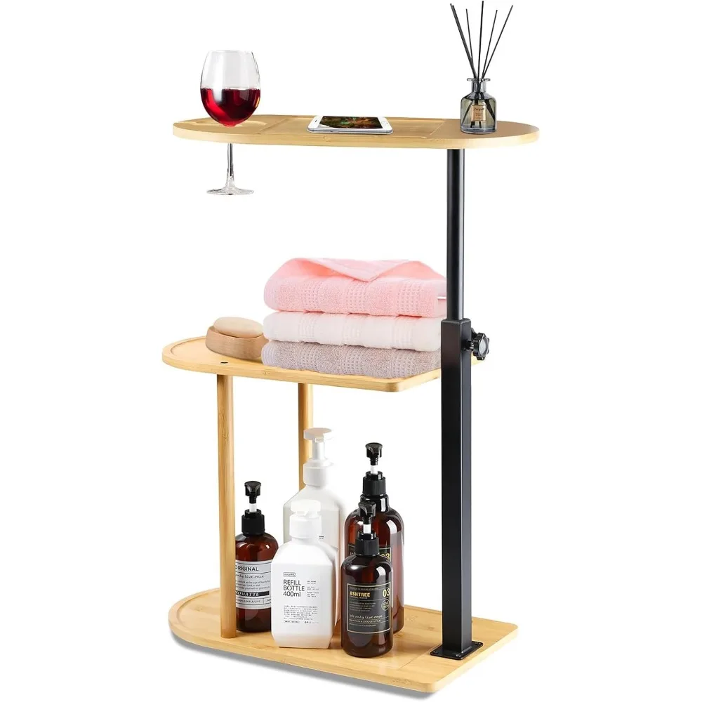 

3 Layer Bamboo Bathtub Tray Table, 360° Swivel Adjustable Side Table for Spa & Small Bathrooms, Stable Metal Base