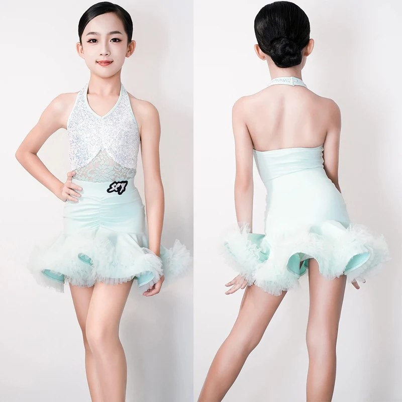 Girls Latin Dance Dress Halter Sequin Dance Suit ChaCha Rumba Dancing Clothes Kid Black Competition Clothing Practice Wear