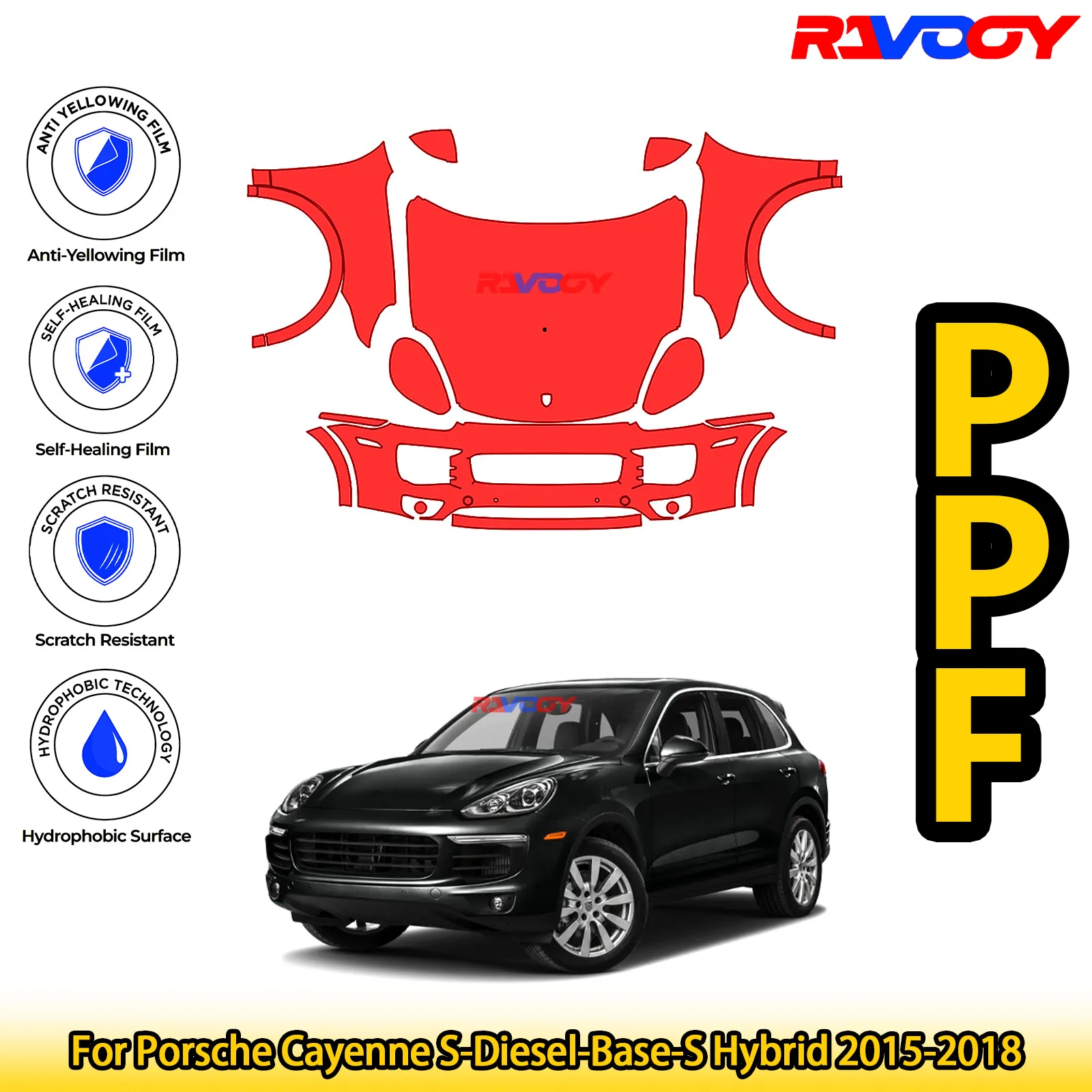 

For Porsche Cayenne S-Diesel-Base-S Hybrid 2015-2018 Glossy Matte Black Precut front PPF Kit Paint Protection Film