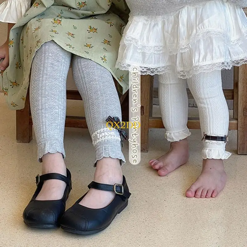 QX2D Breathable Baby Cropped Pants Bowknot Charm Tights Solid Children's Elastic Leggings for Daily Wear and Activity