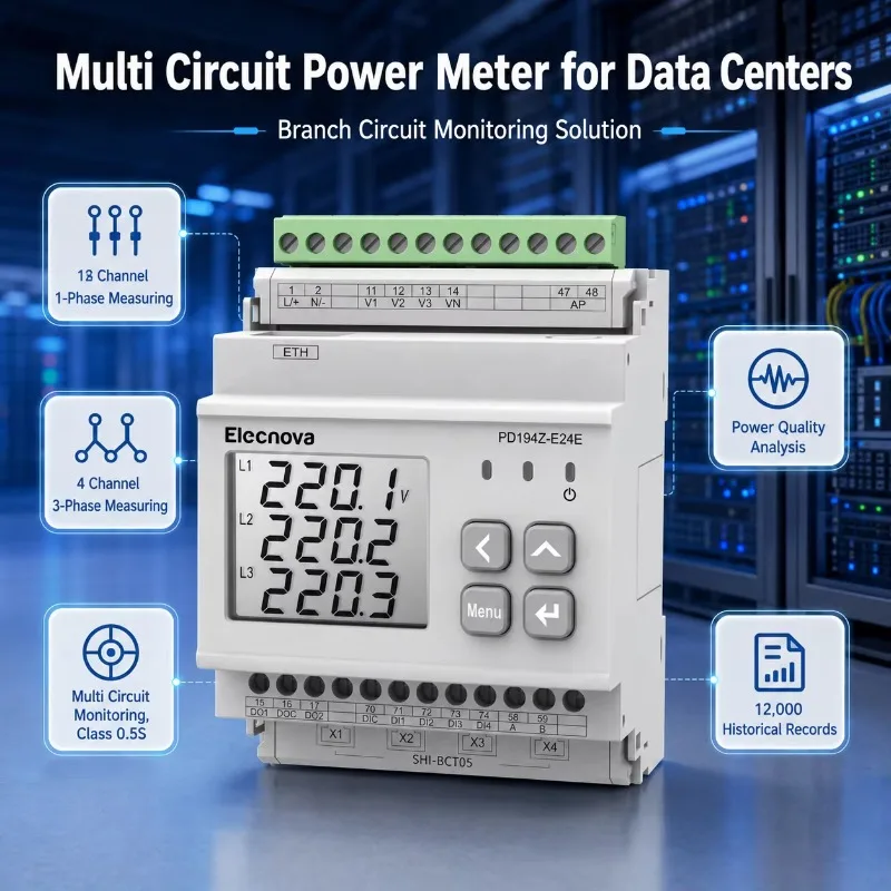 12CH Data Center Branch Circuit Power Meter 1-Phase 4CH 3-Phase Multi Circuit Class 0.5S Power Quality 12,000 Historical Records