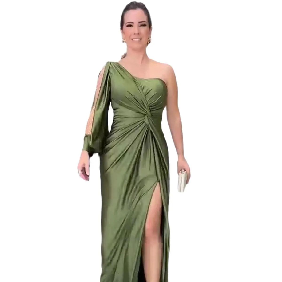 فستان نسائي نحيف مثير مأدبة موضة مزاجه حفلة الصلبة كم طويل كتف واحد الصدر التفاف سيدة أنيقة الإمبراطورية القماش #6