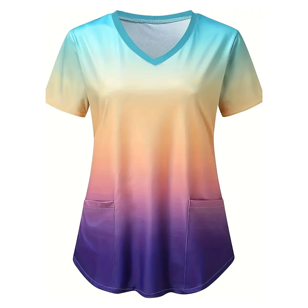 Medical Nursing Uniform Women’s Stretch Ombre Print V-Neck Short Sleeve Tops Pocket Medical Clothing for Women Hospital Uniform