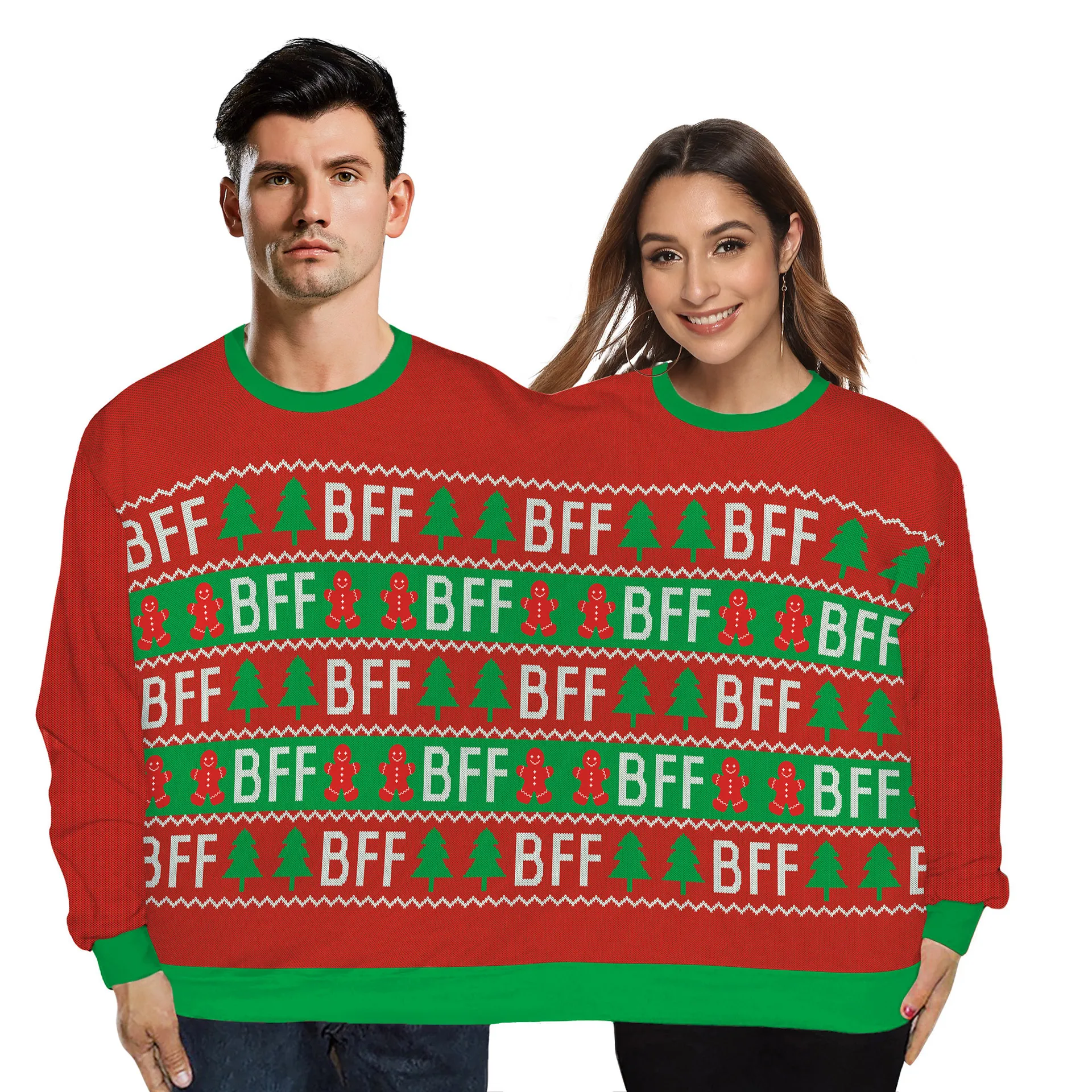 Men Women Two Person Funny Ugly Christmas Sweater 3D Novelty Print Holiday Party Jumper Tops Couples Pullover Xmas Sweatshirt