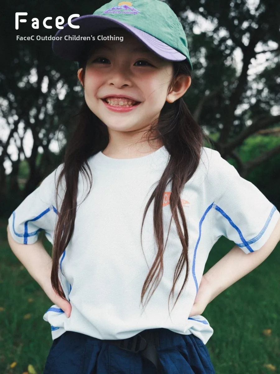 Quick Dry Sporty Short Sleeve T-Shirt for Girls Outdoor Camping Style Cool Feeling Summer New Arrival FaceC Brand Kids Clothing