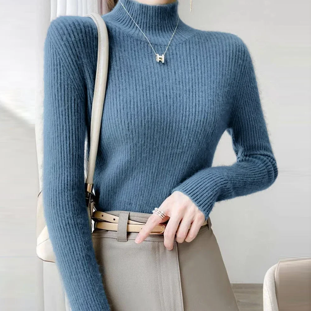 

Women Pullover Sweater Black White Pink Coffee Blue Red Grey Apricot Color Sweaters Half Height Neck Elastic Shirt Girl Tops