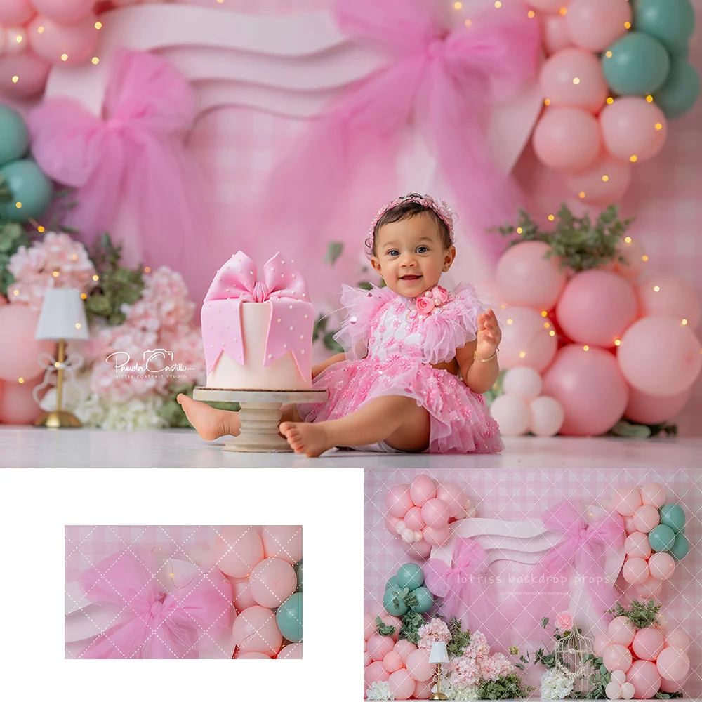 

Pink Tulle Garden Party Bowknots Backdrops Kids Baby Girl Birthday Cake Smash Props Floral Decors Backgrounds