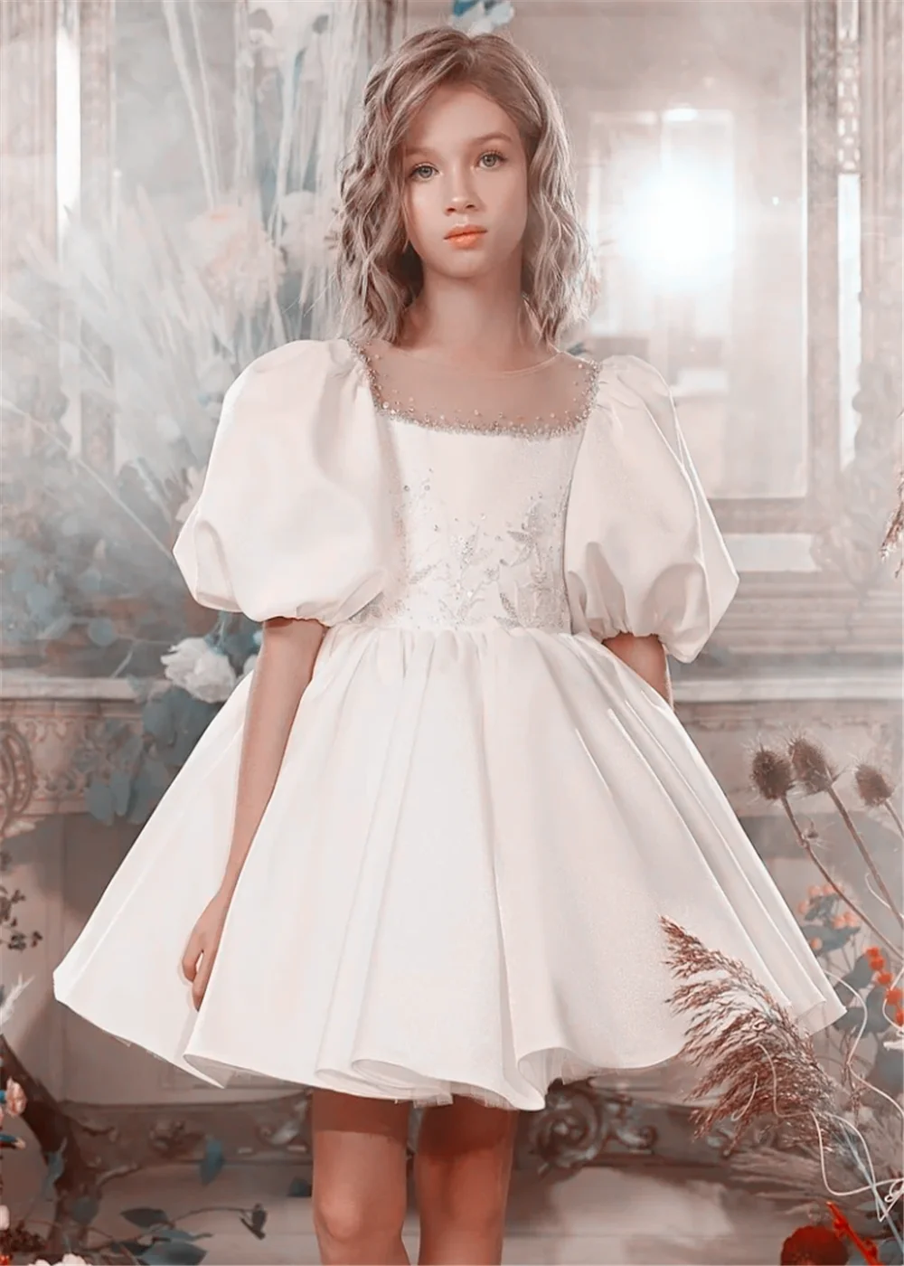 

White Flower Girl Dresses Satin Sequin Appliques Short Sleeves For Wedding Kids Birthday GIft Party First Communion Gown