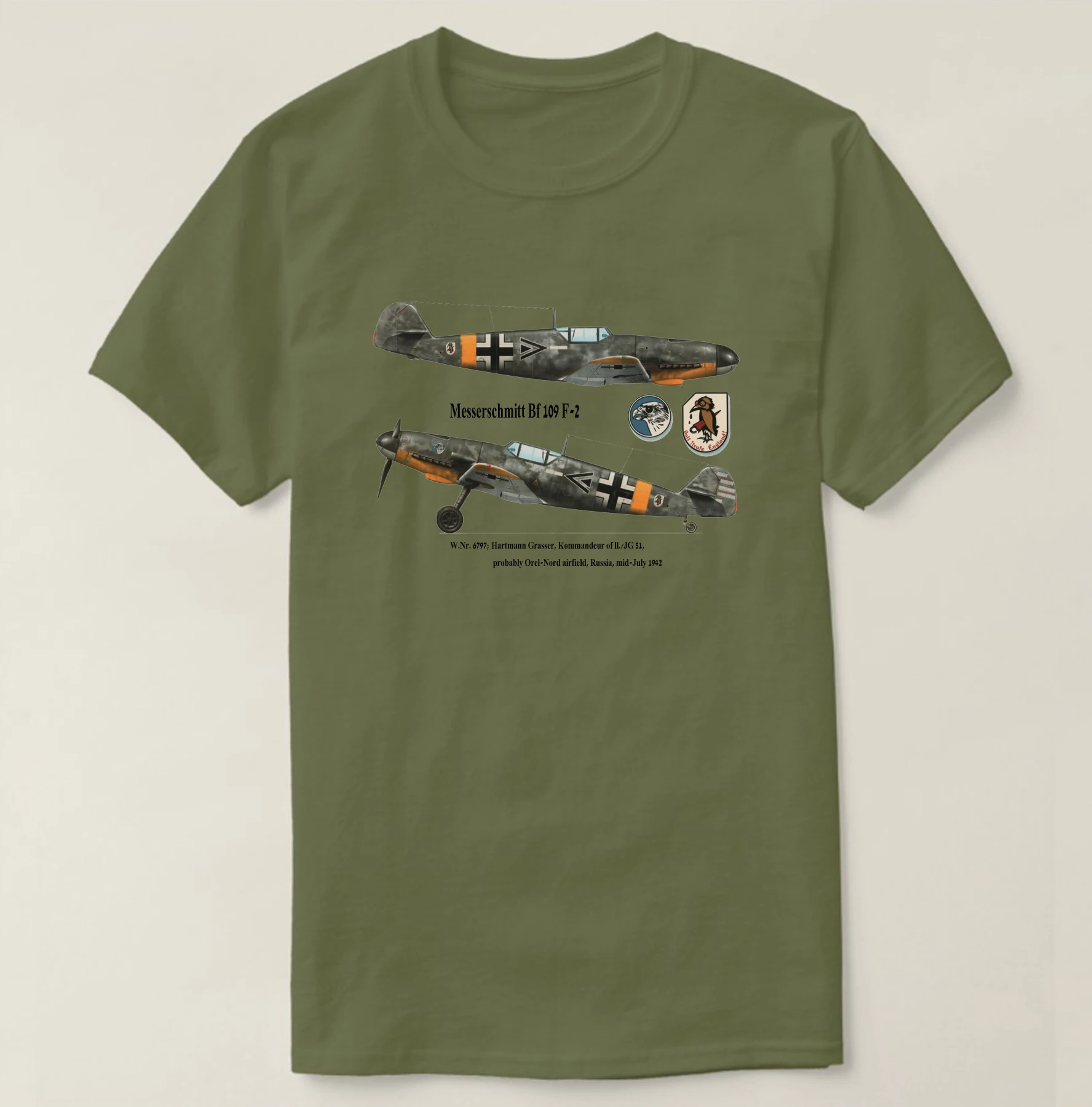 WWII  JG 51 Hartmann Grasser Bf 109 F-2 Fighter T-Shirt Short Sleeve Casual 100% Cotton O-Neck Mens T-shirt Size S-3XL