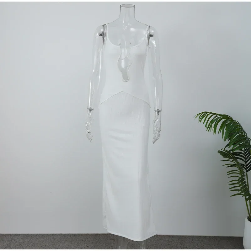 Robe longue blanche découpée élégante pour femmes, robes à bretelles dos nu plissées patchwork, robes de plage de vacances d'été pour dames, nouvelle mode