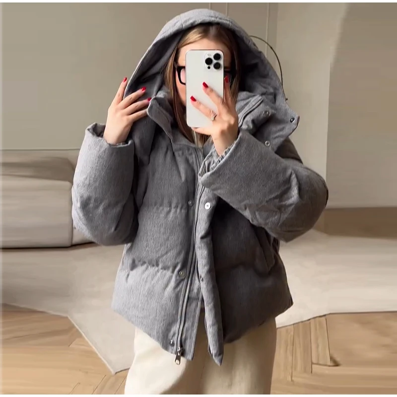 Hooded Stand Collar Fitted Puffer Coat Zip‑Up Oversized 2026 Winter Women Warm Padded Jacket Glam Causal Lady Cotton‑Padded Coat