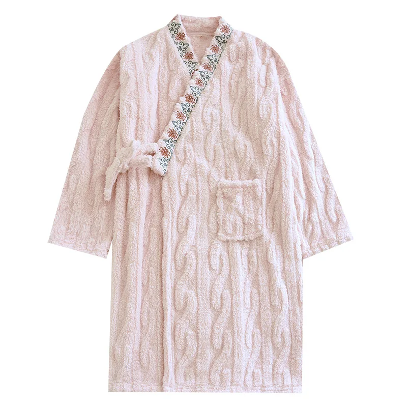 Flannel Embroidery Women\'s Nightgown Winter Long Kimono Bathrobe Fleece Thick Warm Home Pajamas Female Soft Lace-up Nightdress