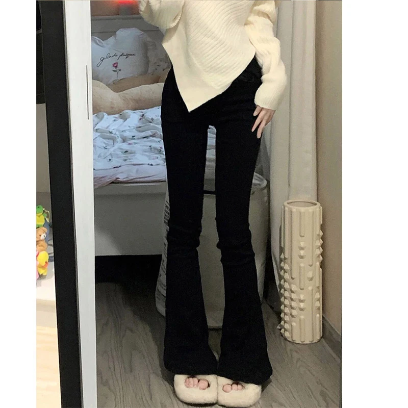 

Джинсы-колокольчики с высокой талией, женские осенние новые утягивающие брюки небольшого размера, хлопковые эластичные джинсовые модные уличные брюки...