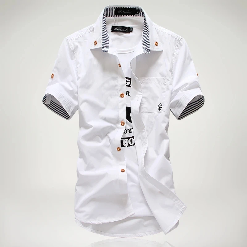 Men\'s Casual Short Sleeve Cotton Shirts,Dress Shirt,small Mushroom Embroidery Stripe Bordered Male Shirt