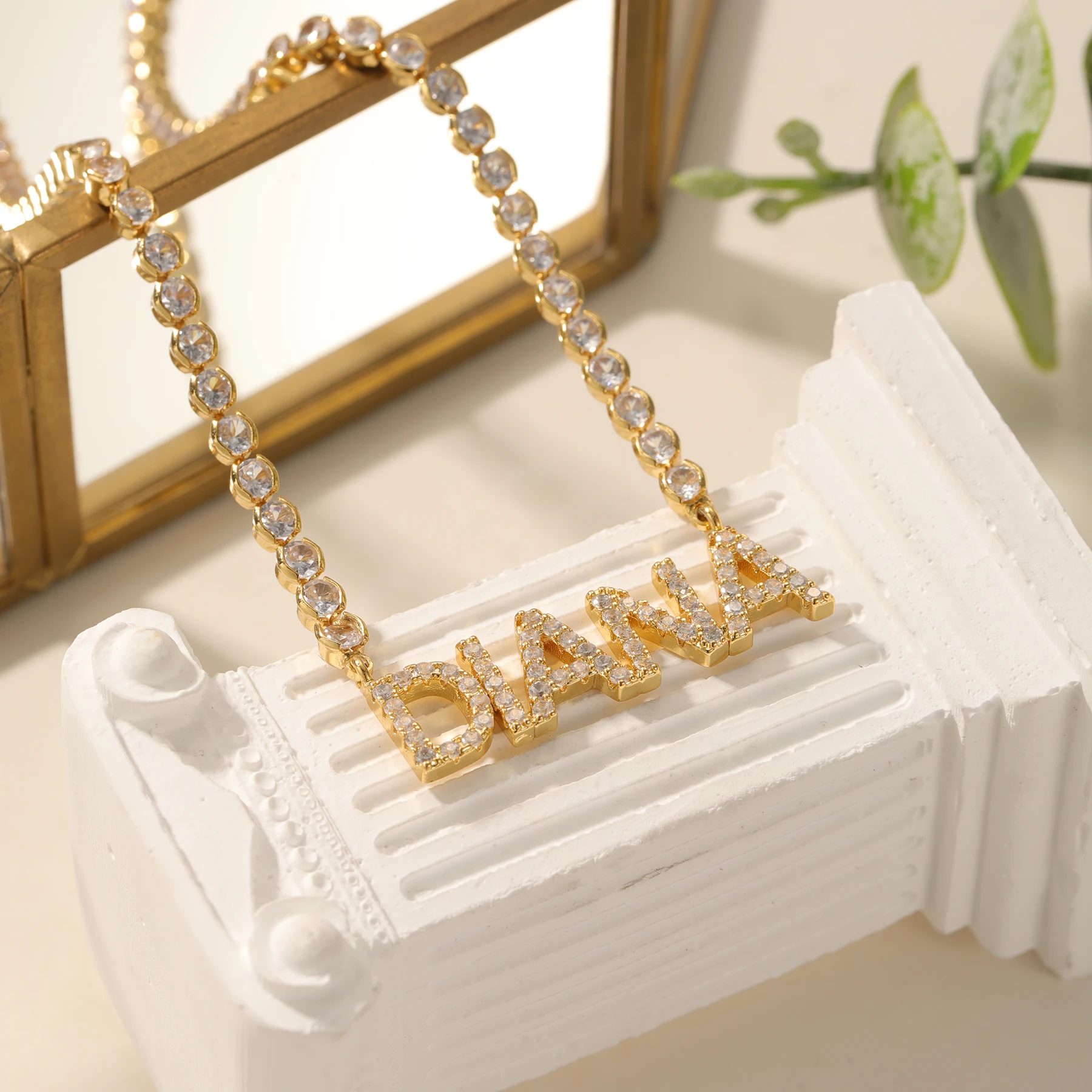 

Custom Zircon Letter Name Necklace Tennis Chain Welded Diamond Cut Stones Copper Base 18K Gold Plated Bling Hip Hop Jewelry Gift
