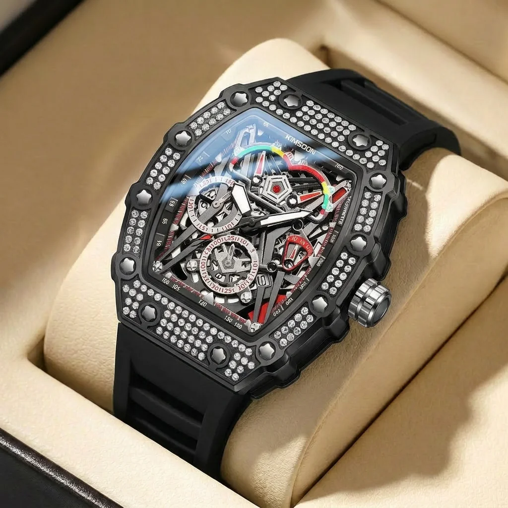 

1pcs Men's black dial silicone strap vintage fashion tonneau skeleton sporty details Quartz Watch for business party holiday