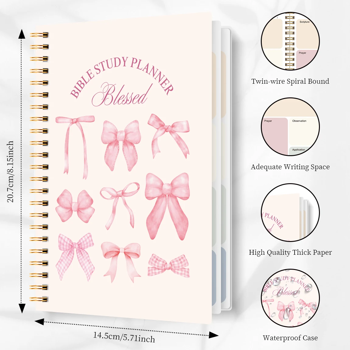 Bible Study Planner A5 Pink Bow Spiral Notebook Christian Devotional Journal Soap Method Prayer Scripture Notes Gift for Women