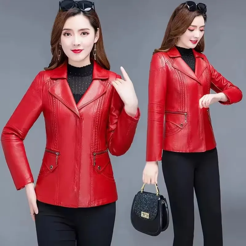 Moda mujer chaqueta de cuero primavera otoño nueva moda mujer Pu abrigo de cuero señora imitación cuero negro cremallera motocicleta abrigo