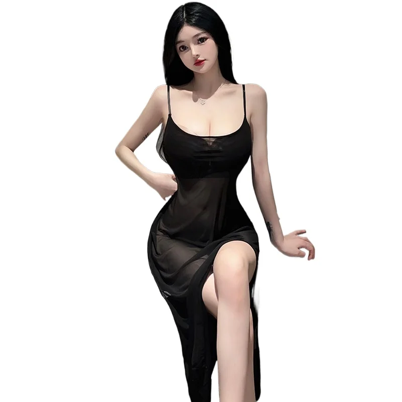 Pajama Long Skirt Transparent Long Night Dress Suspender Nightgown Erotic Lingerie Mesh One-piece Set Womens Dresses Home Wear