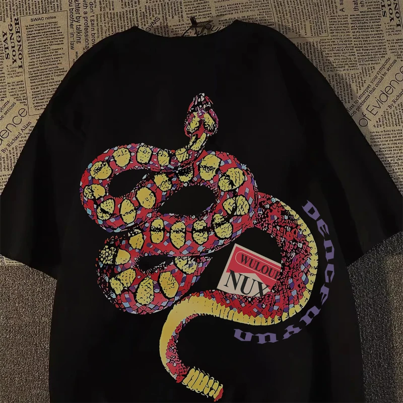 Vintage Colorful Mosaic Snake Graphic T Shirt Men Women Retro Wild Animal Print Oversized Short Sleeve Y2K Gothic Streetwear