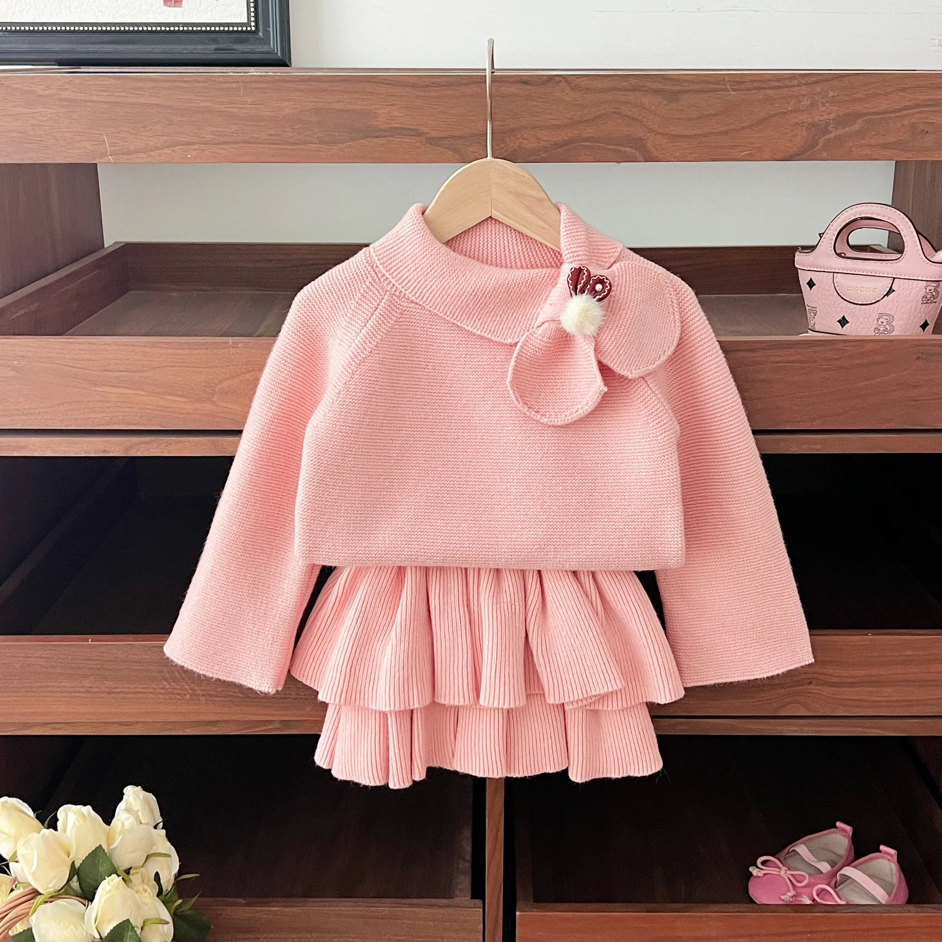 Fall/Winter NewYear Clothes warm Girls' Knitted Skirt Set Christmas Round Neck Bow Collar REd Skirt Two-piece Set