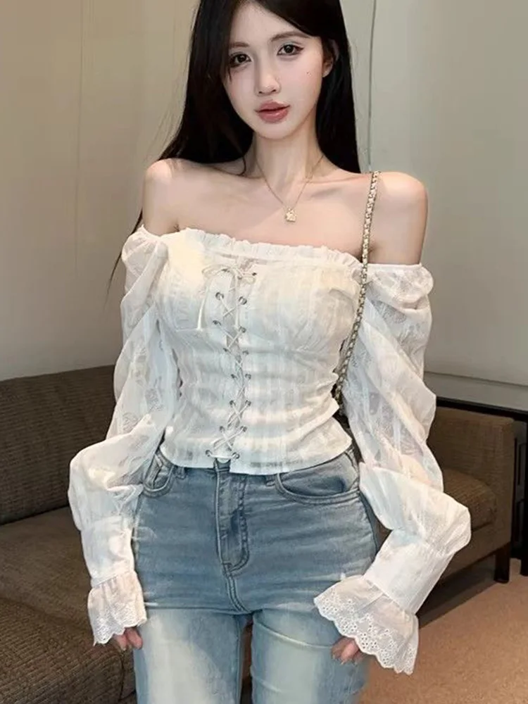 Sexy Off Shoulder White Shirt Women Slim Cropped Long Sleeve Bandage Blouse French Vintage Elegant Sweet Spring Female Tops New