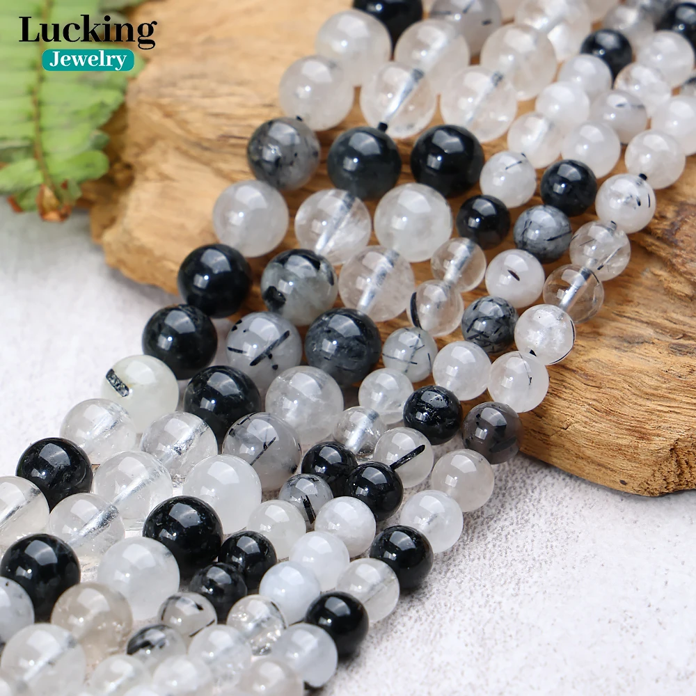 A+ Black Rutilated Quartz Natural Crystal Loose Stone Beads For Jewelry Making DIY Bracelets Accessories 15'' 6 8 10mm