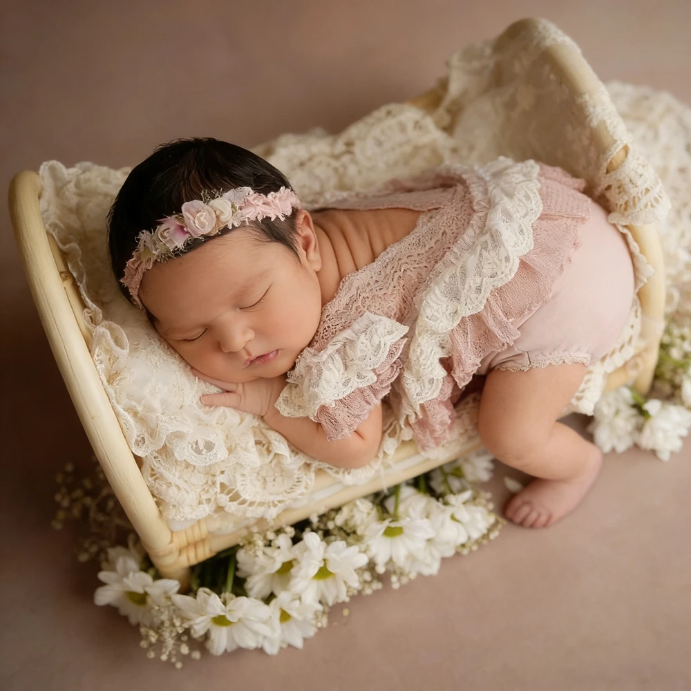 Lace Ruffle Newborn Photography Romper Dusty Pink Baby Girl Photo Outfit Infant Bodysuit Photoshoot Clothes Pink Lace Jumpsuit