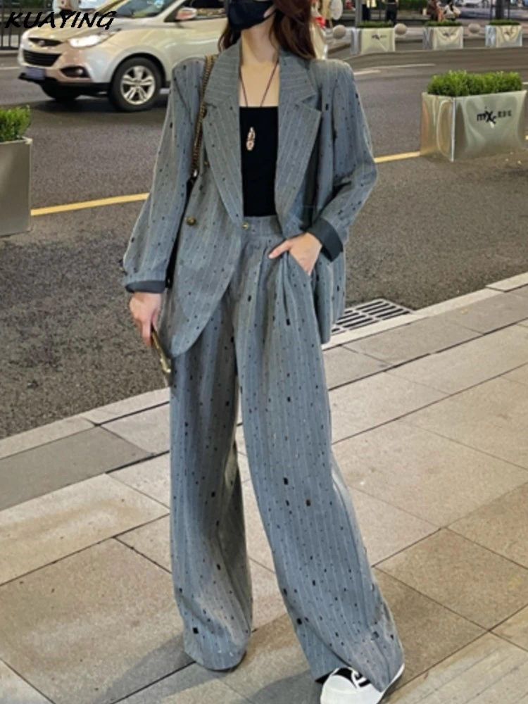 Autumn Women Blazer Pantsuits Fashion Vintage Wide Leg Pants 2 Piece Set Korean Female Business Casual Trousers Outfits New 2024