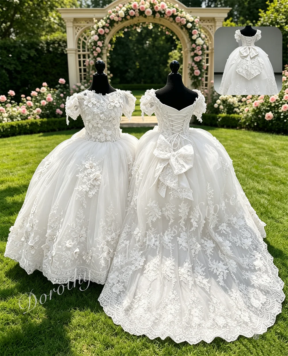 Customized White Gorgeous Flower Girl Dress for Wedding Trailing with Bow Birthday Party Princess Ball Gown