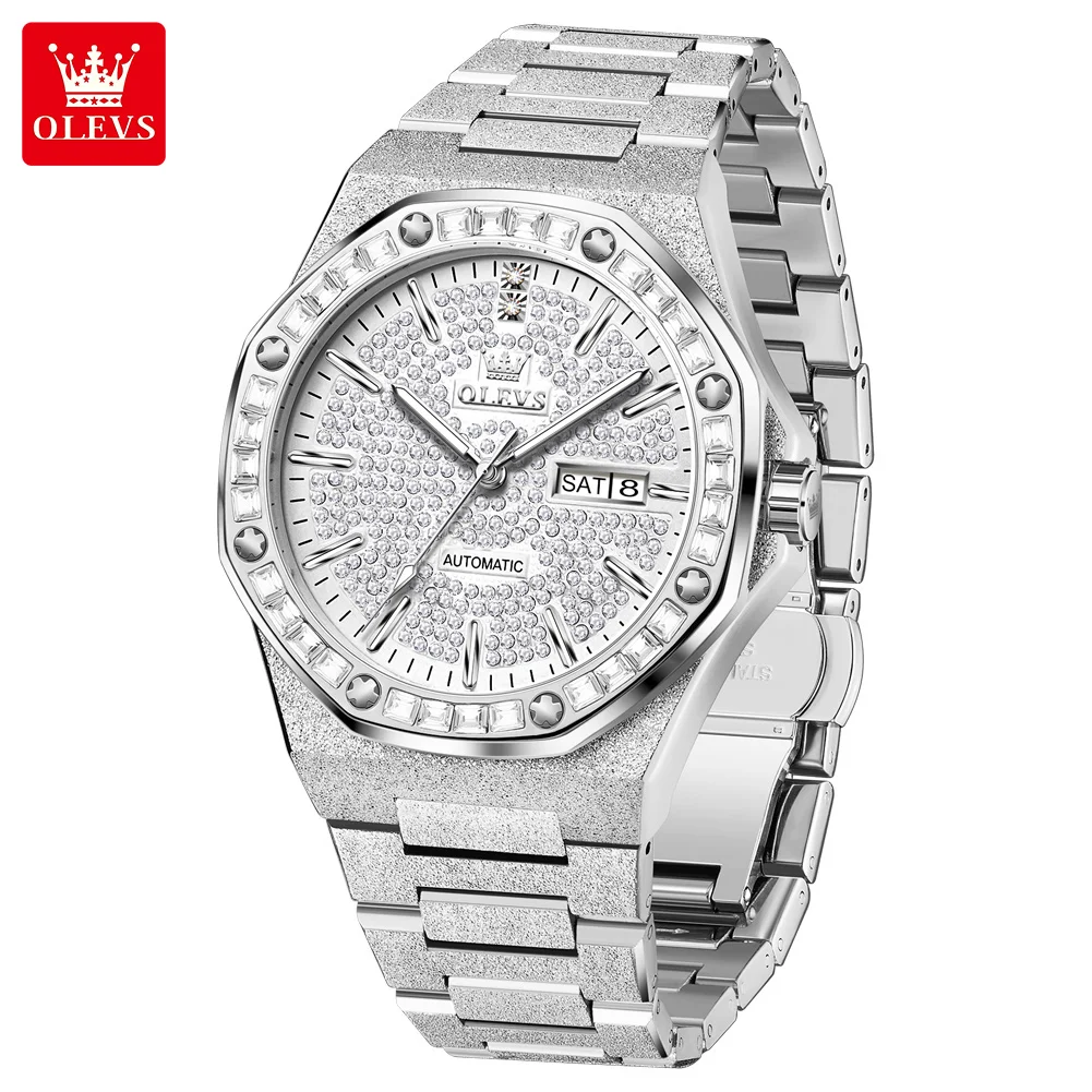 OLEVS Luxury Brand Luminous Mechanical Watches Mens Full Diamond Dial Automatic Men Watch Stainless Steel Waterproof relogios