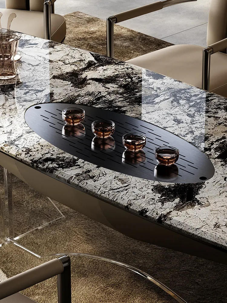 Large Flat-layer Kung Fu Tea Table and Chairs, Natural Marble Tea Table, Villa Combination Integrated Suspension Tea Table
