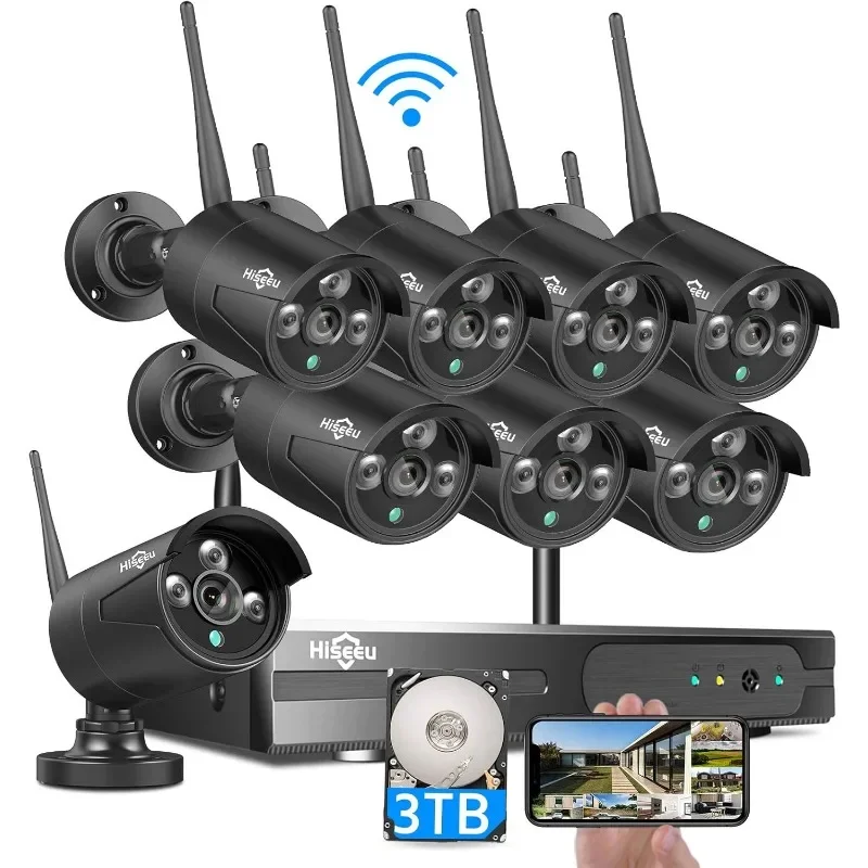 Sistema de cámaras de seguridad inalámbricas, cámara de vigilancia de 5MP con visión nocturna, impermeable, 10 canales, 4K, NVR, 8 piezas, WiFi para exteriores e interiores