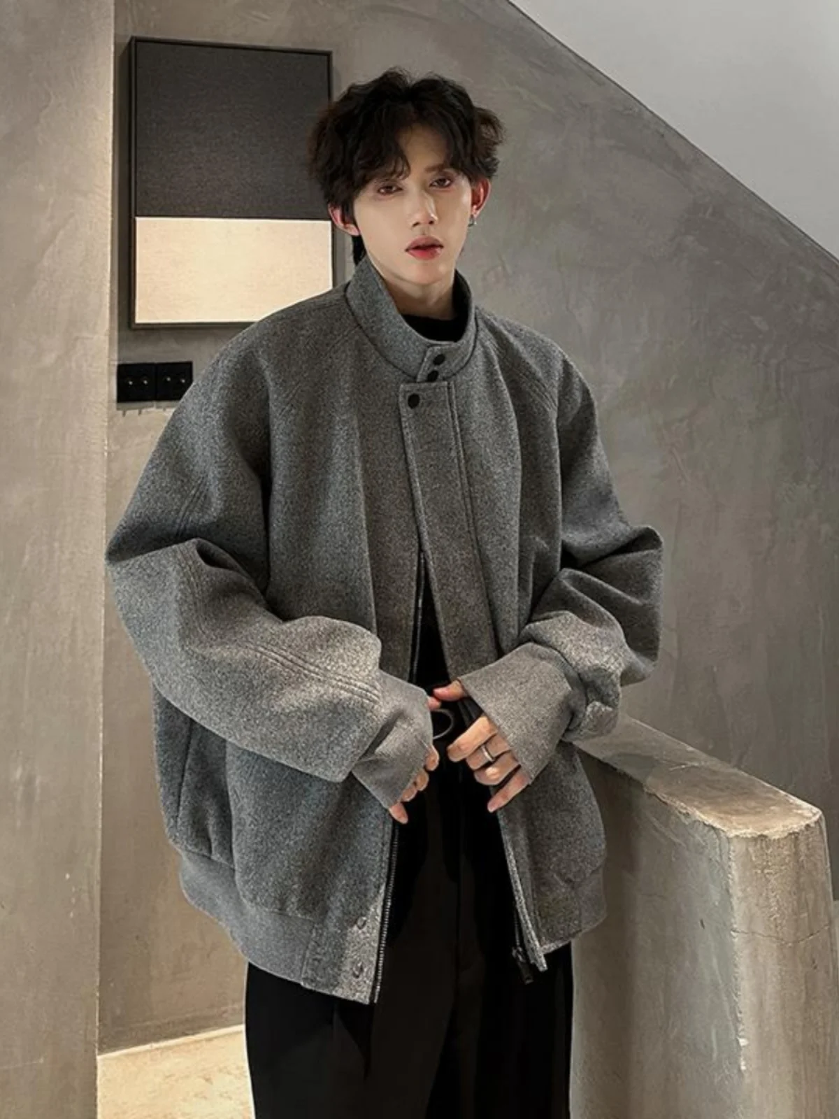 

ay Woolen Men's Jaet Collar Stand up ort Casual Autumn Winter Faion Brand Zipper ket Loose Fit oulder Pad Jaet