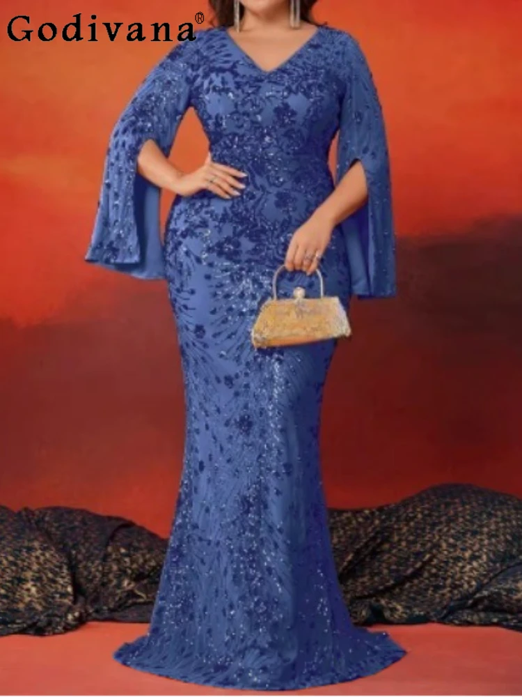 

Large Size New Women Banquet Temperament European American Evening Dress Low Waist Elegant V-neck Seven-quarter Sleeve Dresses