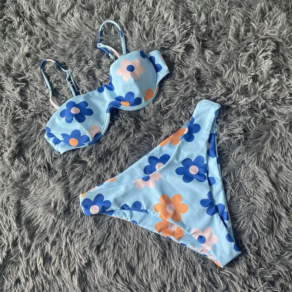 

Sexy Bandeau Bikini Kawaii Floral Swimsuit Y2K Korean Swimwears Women Backless Underwire Vacation Outfit Beach Wear Bathing Suit