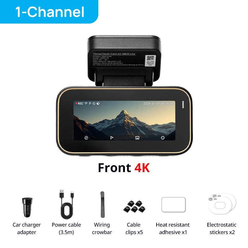 70mai Dashcam A810lite 4K HDR Nachtsicht Superkondensator Sprachsteuerung Unterstützt 4G LTE Eingebautes GPS Wi-Fi 6 24H Parküberwachung Auto-DVR